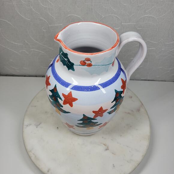 Pier 1 Italian Ceramic Pitcher Hand Painted Christmas Trees Floral Stars - Picture 10 of 15